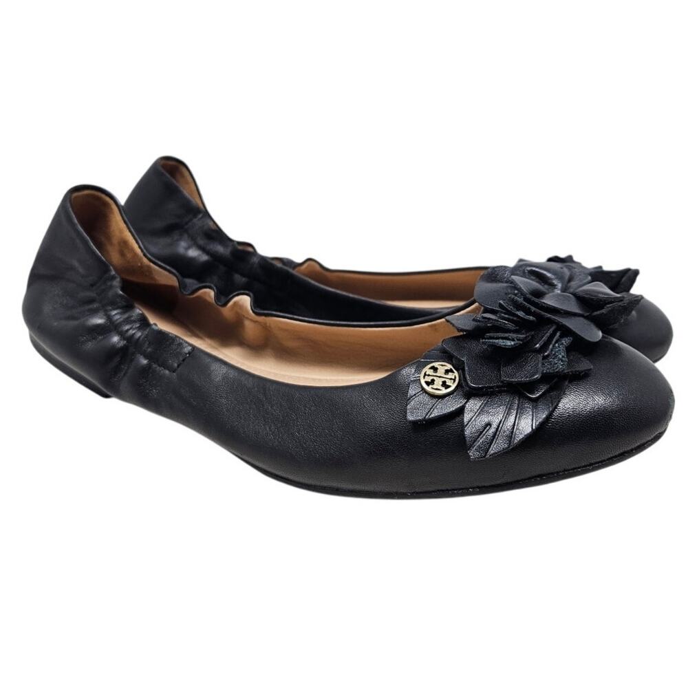 Tory Burch 7.5 Blossom Ballet Leather Flats Black Career Preppy Stretch Classic